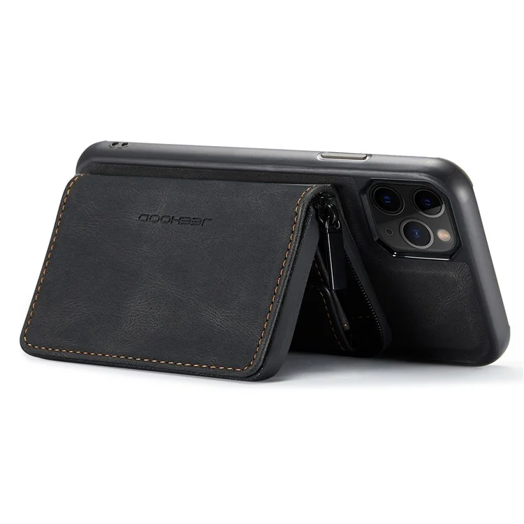 JEEHOOD For iPhone 11 Pro Max 6.5 inch Wear-resistant Magnetic Absorption Detachable Zipper Wallet Style Cover Leather Coated TPU Protective Phone Case with Kickstand - Black