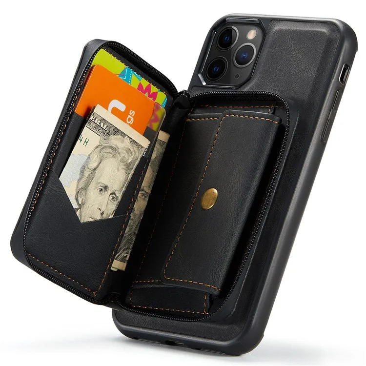 JEEHOOD For iPhone 11 Pro Max 6.5 inch Wear-resistant Magnetic Absorption Detachable Zipper Wallet Style Cover Leather Coated TPU Protective Phone Case with Kickstand - Black