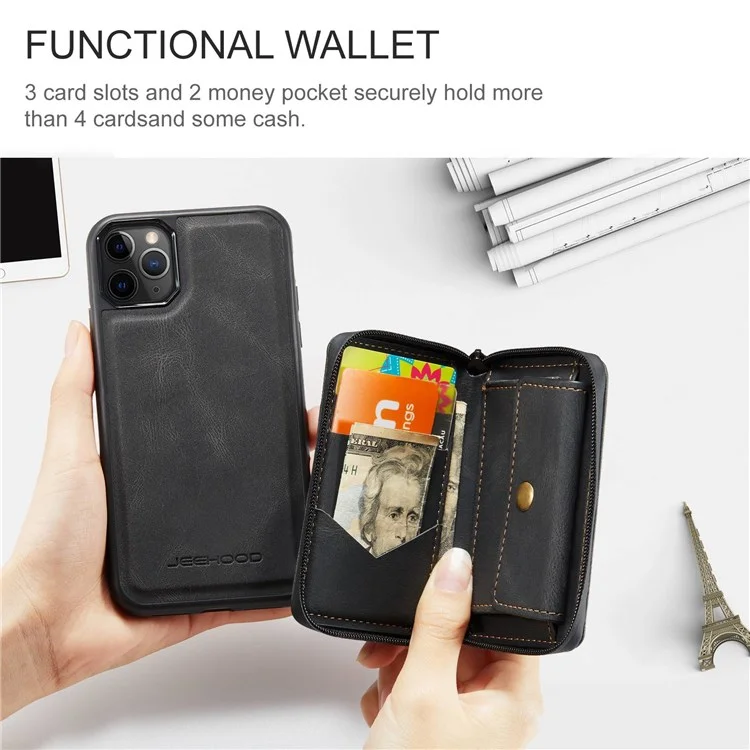 JEEHOOD For iPhone 11 Pro Max 6.5 inch Wear-resistant Magnetic Absorption Detachable Zipper Wallet Style Cover Leather Coated TPU Protective Phone Case with Kickstand - Black