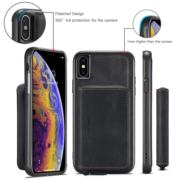 JEEHOOD For iPhone X/XS 5.8 inch Kickstand Design Detachable Magnetic Zipper Wallet Shell Leather Coated TPU Mobile Phone Case - Black