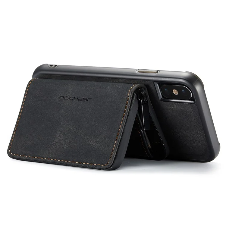 JEEHOOD For iPhone X/XS 5.8 inch Kickstand Design Detachable Magnetic Zipper Wallet Shell Leather Coated TPU Mobile Phone Case - Black