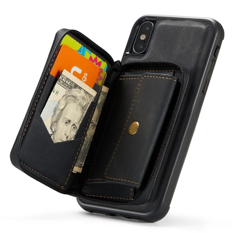 Jeeohe Für Iphone X/XS 5,8 -zoll -kickstand Design Abnehmbarer Magnetischer Reißverschluss Brieftaschenschale Leder Beschichtetes TPU -mobiltelefongehäuse - Schwarz