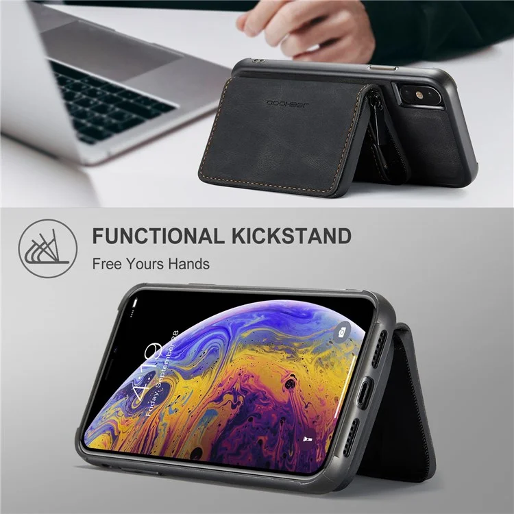 Jeeohe Für Iphone X/XS 5,8 -zoll -kickstand Design Abnehmbarer Magnetischer Reißverschluss Brieftaschenschale Leder Beschichtetes TPU -mobiltelefongehäuse - Schwarz