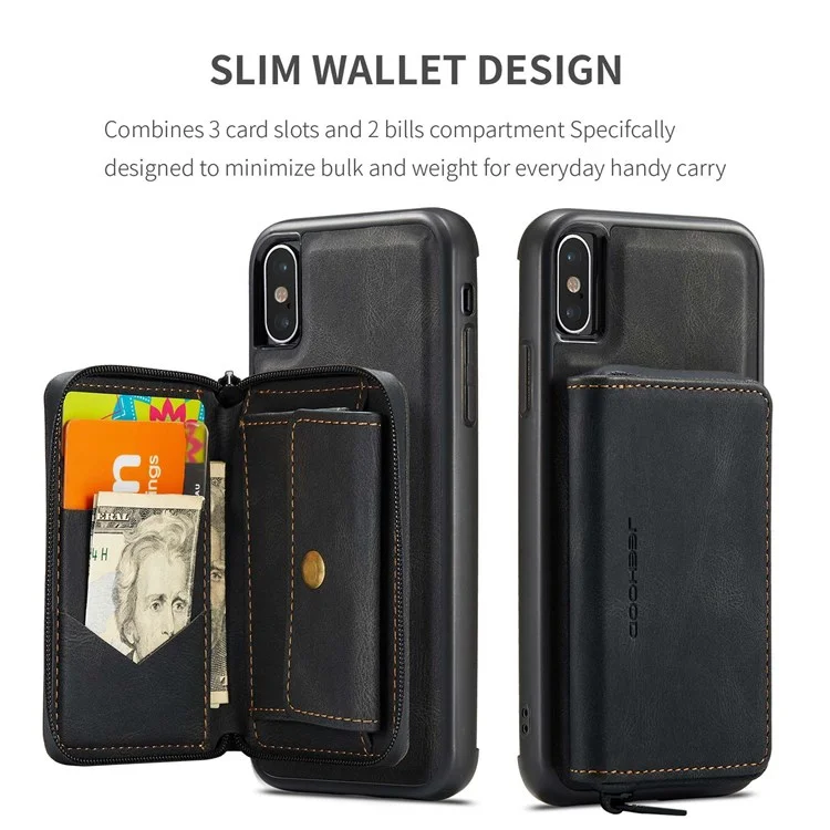 JEEHOOD For iPhone X/XS 5.8 inch Kickstand Design Detachable Magnetic Zipper Wallet Shell Leather Coated TPU Mobile Phone Case - Black