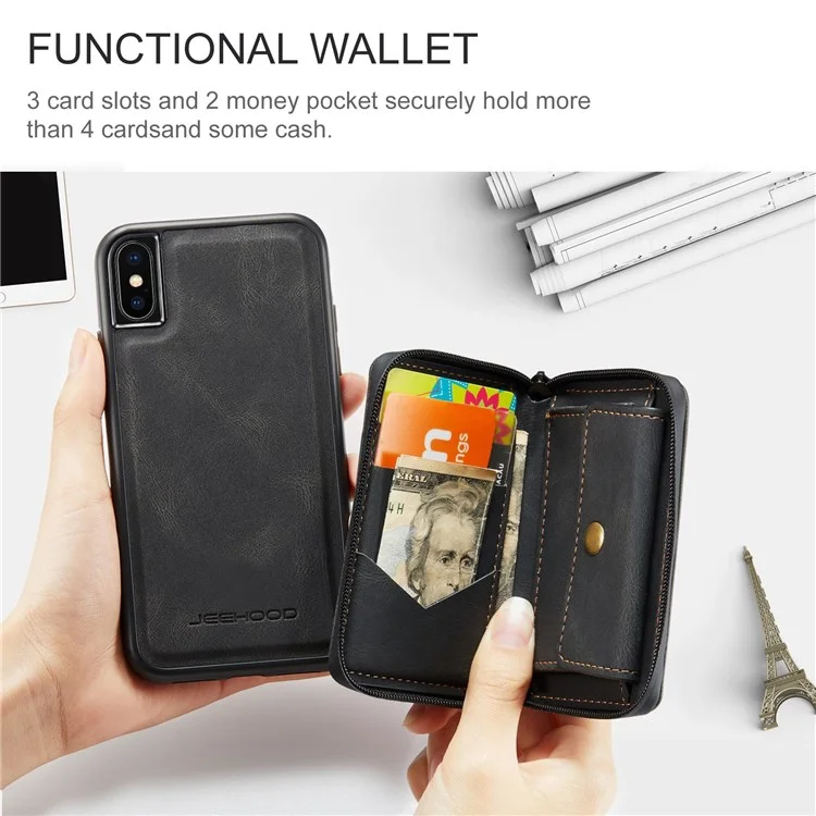 JEEHOOD For iPhone X/XS 5.8 inch Kickstand Design Detachable Magnetic Zipper Wallet Shell Leather Coated TPU Mobile Phone Case - Black