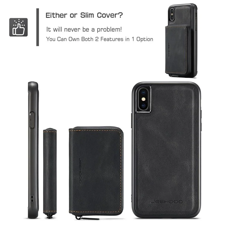 Jeeohe Für Iphone X/XS 5,8 -zoll -kickstand Design Abnehmbarer Magnetischer Reißverschluss Brieftaschenschale Leder Beschichtetes TPU -mobiltelefongehäuse - Schwarz