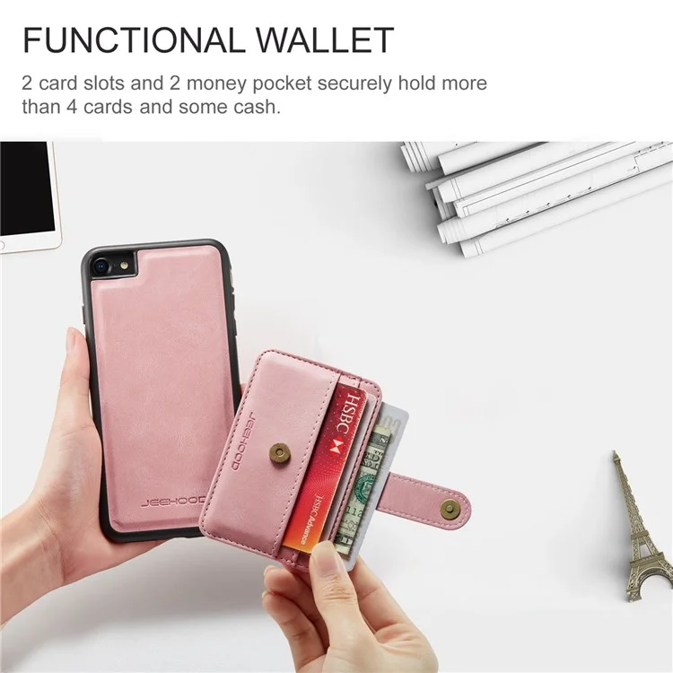 JEEHOOD For iPhone 7/8/SE (2020)/SE (2022) 4.7 inch Shockproof Wallet Phone Case Support Wireless Charging/RFID Blocking Anti-fall Phone Protector - Pink