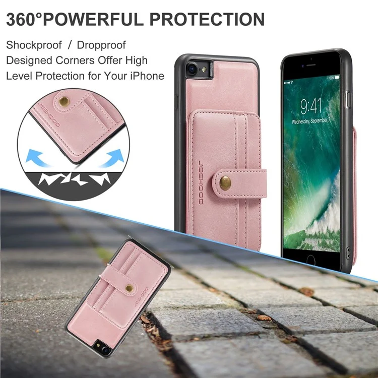 JEEHOOD For iPhone 7/8/SE (2020)/SE (2022) 4.7 inch Shockproof Wallet Phone Case Support Wireless Charging/RFID Blocking Anti-fall Phone Protector - Pink