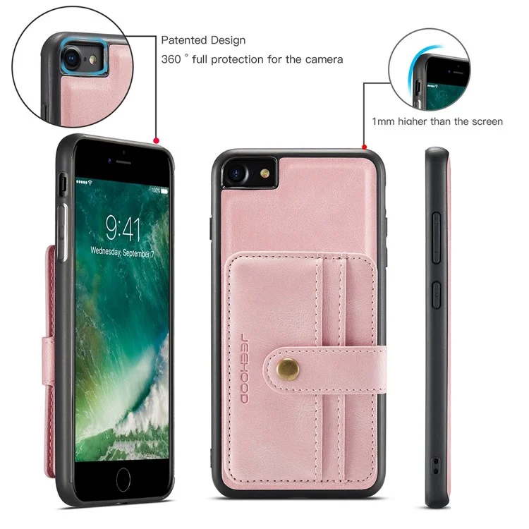 JEEHOOD For iPhone 7/8/SE (2020)/SE (2022) 4.7 inch Shockproof Wallet Phone Case Support Wireless Charging/RFID Blocking Anti-fall Phone Protector - Pink
