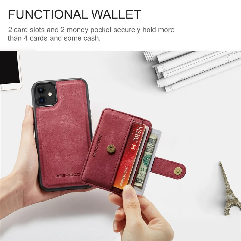 JEEHOOD Shockproof Wallet Phone Case for iPhone 11 6.1 inch RFID Blocking Anti-fall Phone Cover Scratch Resistant Protector Support Wireless Charging - Red