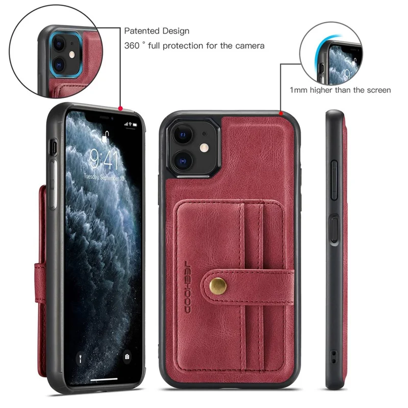 JEEHOOD Shockproof Wallet Phone Case for iPhone 11 6.1 inch RFID Blocking Anti-fall Phone Cover Scratch Resistant Protector Support Wireless Charging - Red