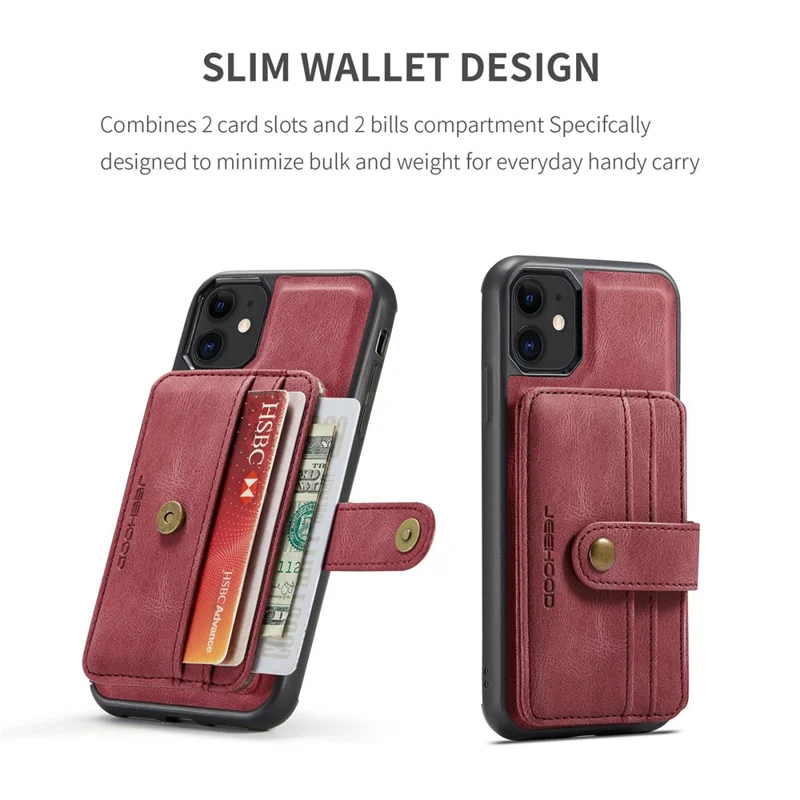 JEEHOOD Shockproof Wallet Phone Case for iPhone 11 6.1 inch RFID Blocking Anti-fall Phone Cover Scratch Resistant Protector Support Wireless Charging - Red