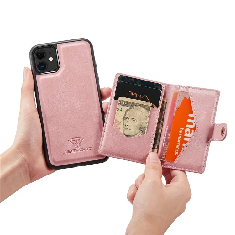 JEEHOOD Detachable Wallet Phone Cover for iPhone 11 6.1 inch, Kickstand Anti-drop PU Leather Coated TPU Case - Rose Gold