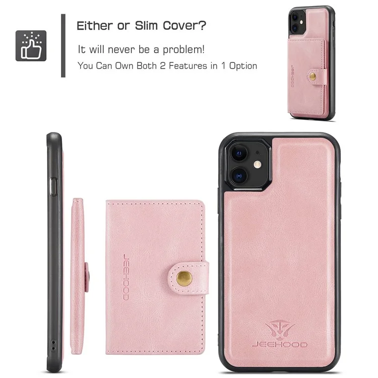 JEEHOOD Detachable Wallet Phone Cover for iPhone 11 6.1 inch, Kickstand Anti-drop PU Leather Coated TPU Case - Rose Gold