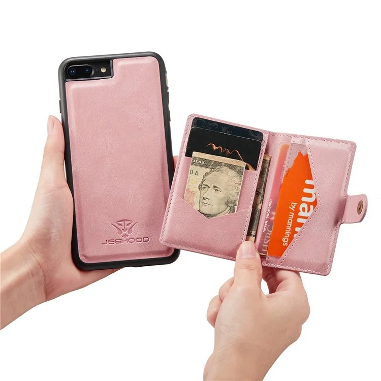 JEEHOOD For iPhone 7 Plus 5.5 inch/8 Plus 5.5 inch Leather Coated TPU Case Detachable Magnetic Wallet Kickstand Phone Cover - Rose Gold