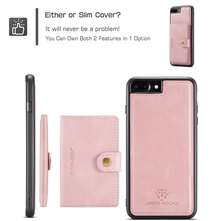 JEEHOOD For iPhone 7 Plus 5.5 inch/8 Plus 5.5 inch Leather Coated TPU Case Detachable Magnetic Wallet Kickstand Phone Cover - Rose Gold