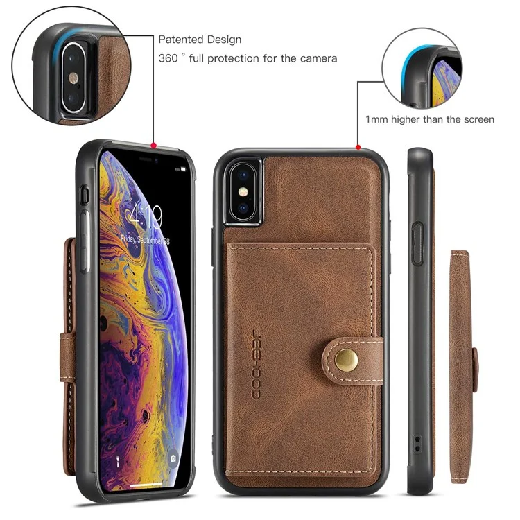 Étui à Emporter Jeehood Wallet Pour Iphone XS Max 6,5 Pouces, Couverture de Téléphone TPU Enrobée en Cuir PU 2 en 1 Détachable - Brun