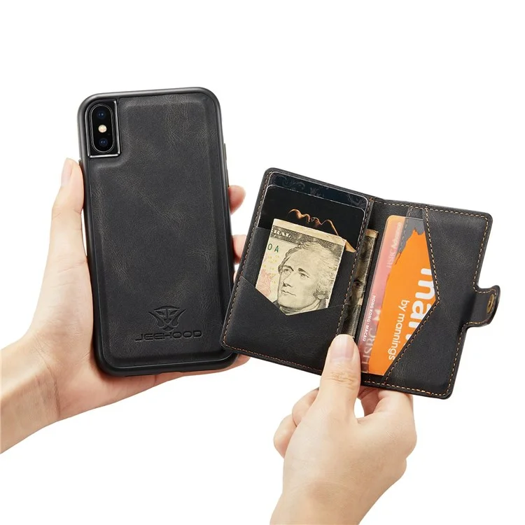 JEEHOOD Para iPhone XS de 5.8 pulgadas/iPhone X Cartera Desmontable Revestida de Cuero Funda Protectora de TPU con Soporte - Negro
