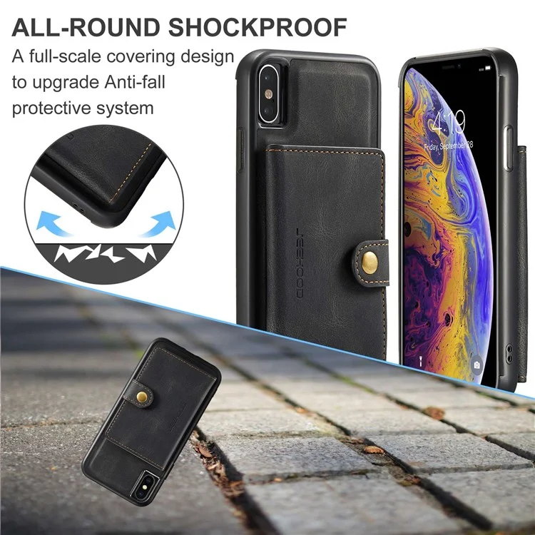 JEEHOOD Para iPhone XS de 5.8 pulgadas/iPhone X Cartera Desmontable Revestida de Cuero Funda Protectora de TPU con Soporte - Negro