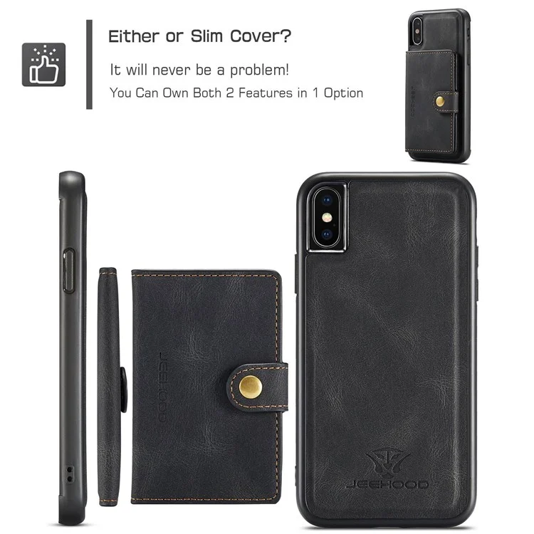 JEEHOOD Para iPhone XS de 5.8 pulgadas/iPhone X Cartera Desmontable Revestida de Cuero Funda Protectora de TPU con Soporte - Negro