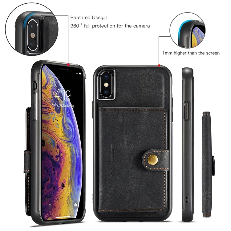 JEEHOOD Para iPhone XS de 5.8 pulgadas/iPhone X Cartera Desmontable Revestida de Cuero Funda Protectora de TPU con Soporte - Negro