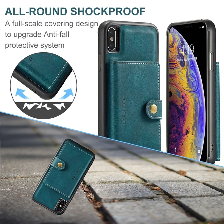 JEEHOOD For iPhone XS 5.8 inch/iPhone X Detachable Wallet Leather Coated TPU Phone Case Kickstand Protective Cover - Green