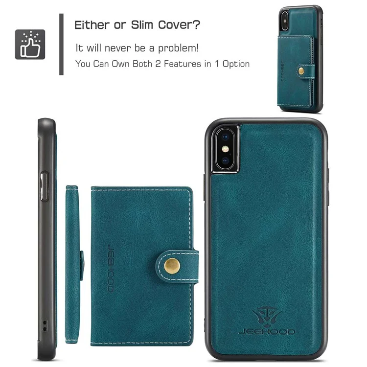 JEEHOOD For iPhone XS 5.8 inch/iPhone X Detachable Wallet Leather Coated TPU Phone Case Kickstand Protective Cover - Green