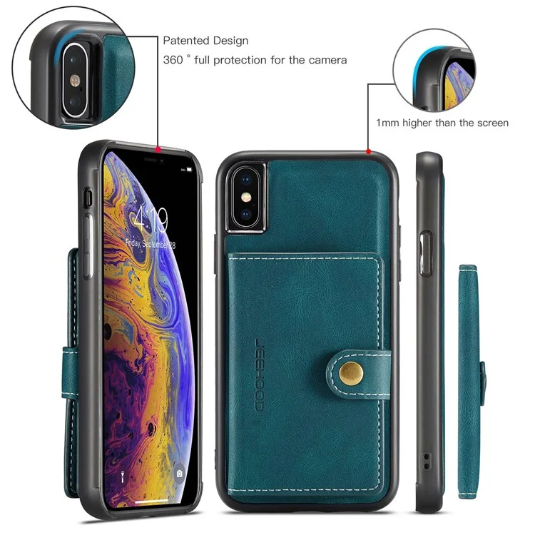 JEEHOOD For iPhone XS 5.8 inch/iPhone X Detachable Wallet Leather Coated TPU Phone Case Kickstand Protective Cover - Green