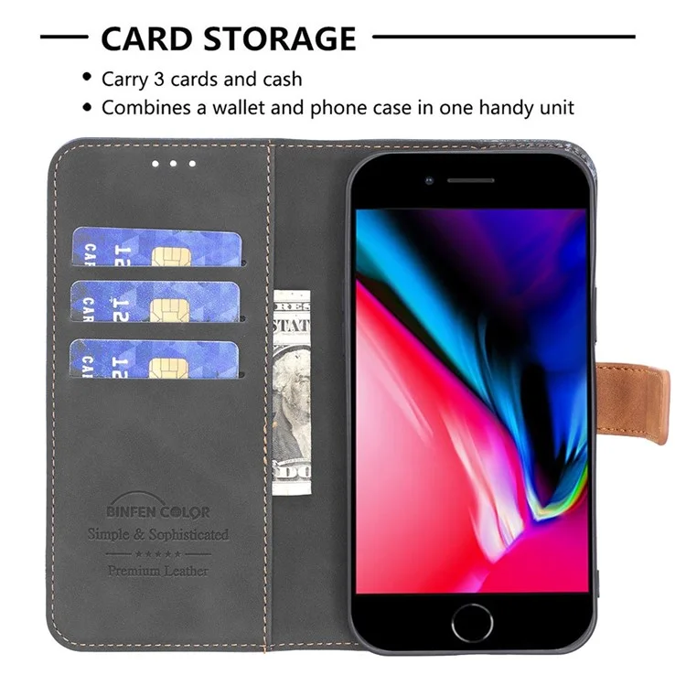BINFEN COLOR BF Lederetui Serie-7 Stil 11 PU-Leder-Schale für iPhone 7 4,7 Zoll/8 4,7 Zoll/SE (2020)/(2022), matte Oberfläche Leder-Geldbörse Stand Stoßfestes Handyhülle Zubehör - Schwarz