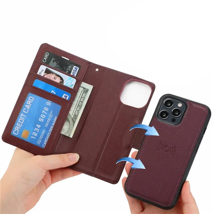 Dolisma Pour IPhone 11 Pro Max 6,5 Pouces Litchi Texture Détachable En Cuir Extérieur Couverture En Cuir En Cuir TPU TPU Avec Portefeuille Stand - Vin Rouge
