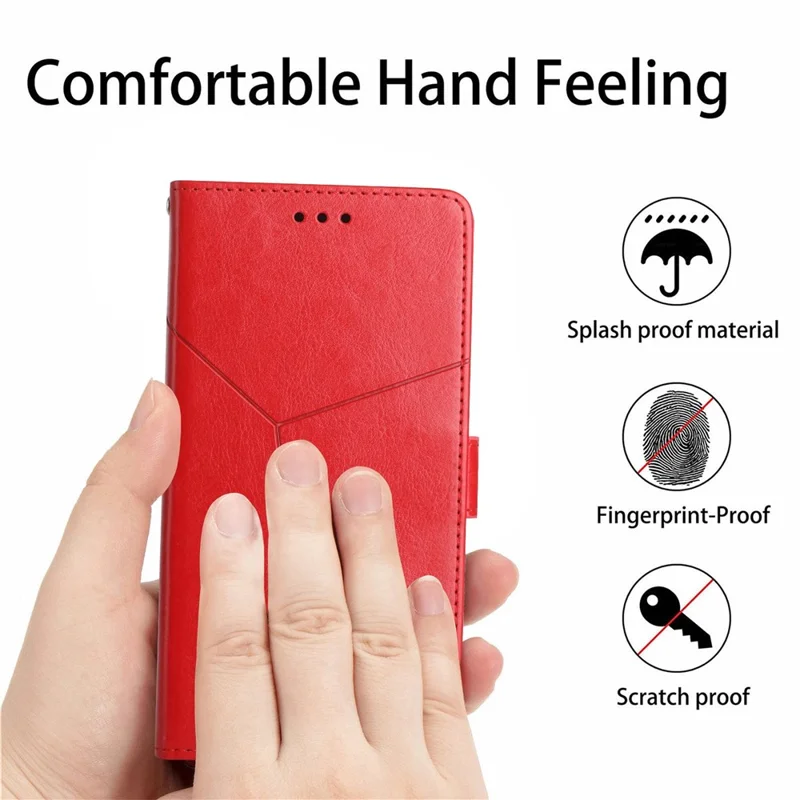 For iPhone 14 Pro Max 6.7 inch Cell Phone Cover Fully Wrapped PU Leather Y-Shaped Lines Imprinting Wallet Stand Phone Case - Red