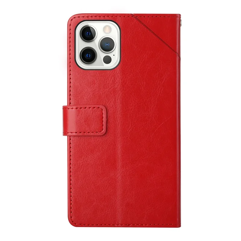 For iPhone 14 Pro Max 6.7 inch Cell Phone Cover Fully Wrapped PU Leather Y-Shaped Lines Imprinting Wallet Stand Phone Case - Red