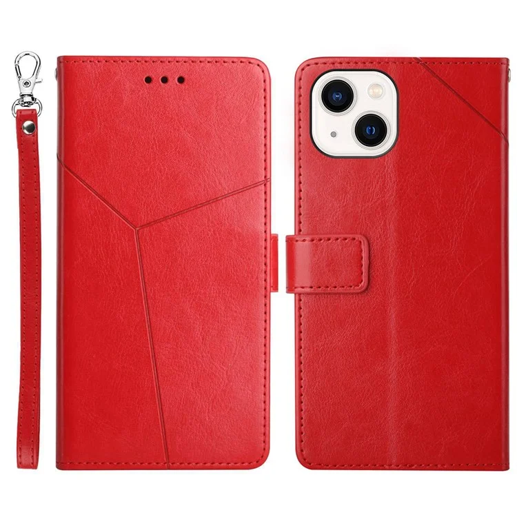 Para IPhone 14 Pro 6.1 Pulgadas Teléfono De Choque De Choque De 6.1 Pulgadas Cubierta De Cuero PU Líneas En Forma De Y Impresión De La Billetera Case De Teléfono - Rojo