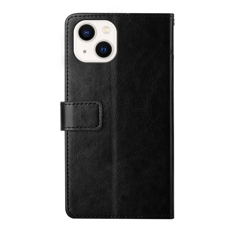 For iPhone 14 6.1 inch Full Coverage Cell Phone Cover PU Leather Y-Shaped Lines Imprinting Wallet Stand Phone Case - Black