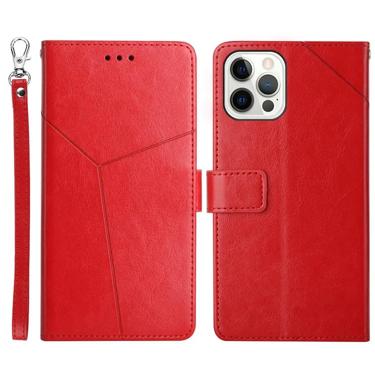 For iPhone 14 Plus 6.7 inch Cell Phone Cover PU Leather Y-Shaped Lines Imprinting Full Protection Wallet Stand Phone Case - Red