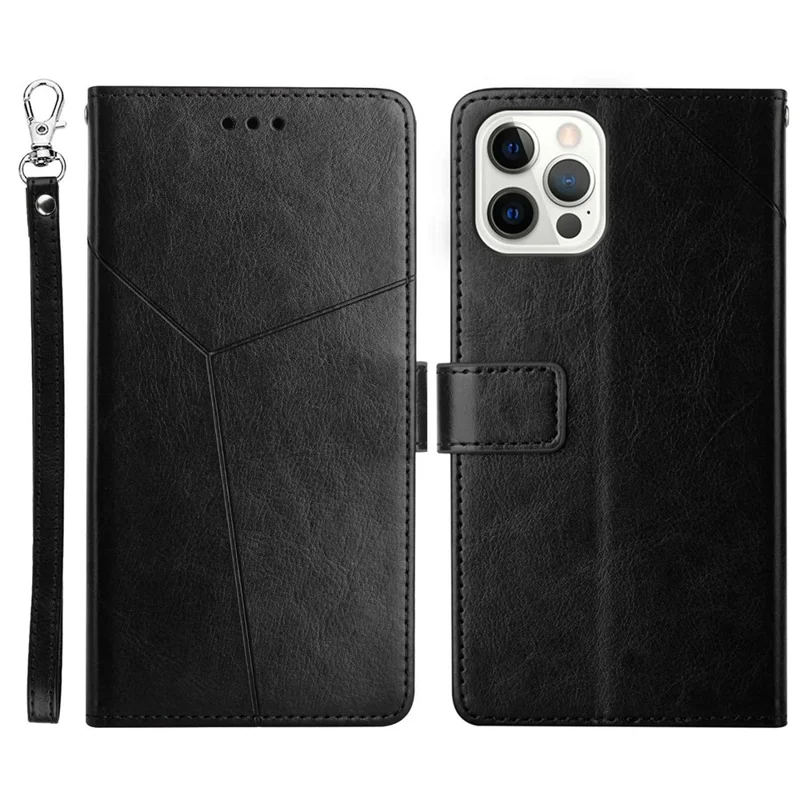 For iPhone 14 Plus 6.7 inch Cell Phone Cover PU Leather Y-Shaped Lines Imprinting Full Protection Wallet Stand Phone Case - Black