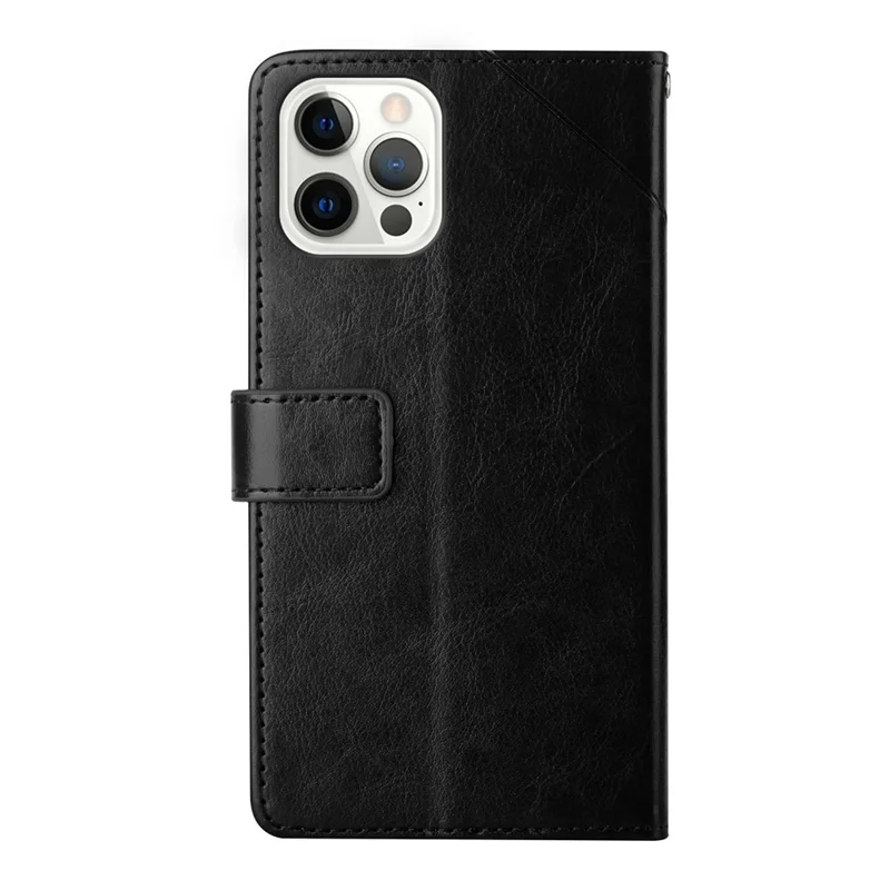 For iPhone 14 Plus 6.7 inch Cell Phone Cover PU Leather Y-Shaped Lines Imprinting Full Protection Wallet Stand Phone Case - Black