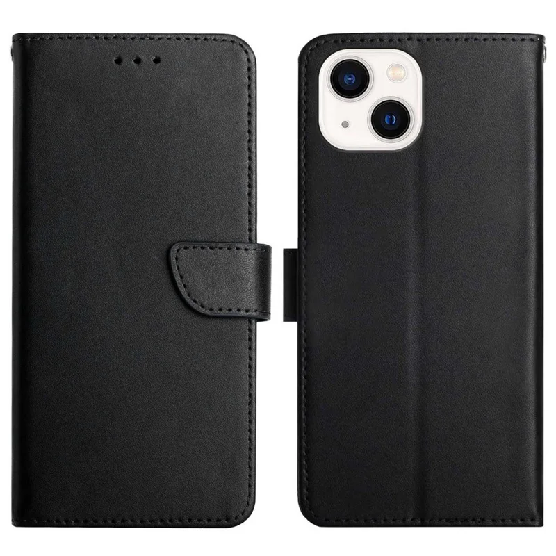 For iPhone 14 Plus 6.7 inch Wallet Stand Nappa Texture Genuine Leather Cover All-round Protection Phone Case - Black