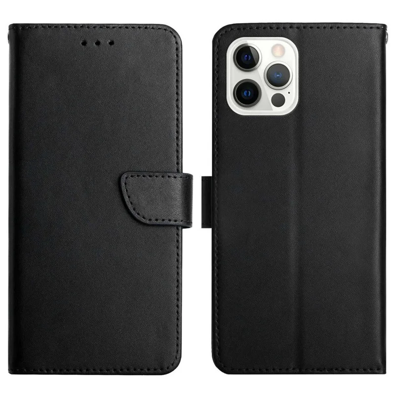 Nappa Texture Genuine Leather Case for iPhone 14 Pro 6.1 inch, Wallet Style Foldable Stand Phone Cover - Black