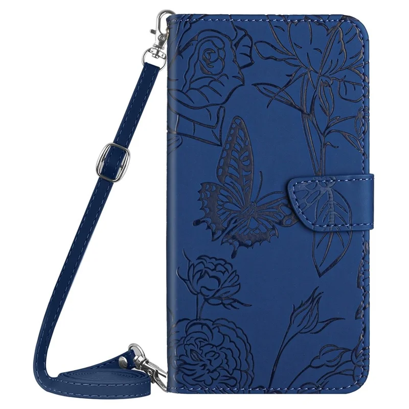 For iPhone 14 Plus 6.7 inch Imprinting Butterfly Flowers PU Leather Case with Shoulder Strap, Wallet Stand Phone Shell - Blue