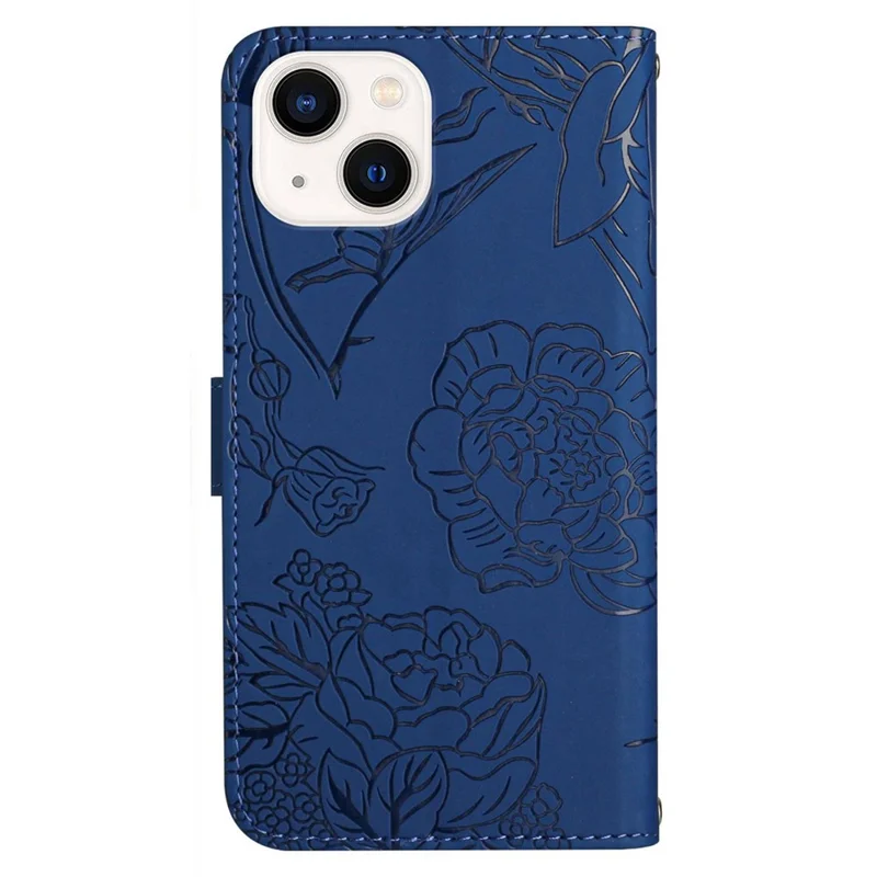 For iPhone 14 Plus 6.7 inch Imprinting Butterfly Flowers PU Leather Case with Shoulder Strap, Wallet Stand Phone Shell - Blue