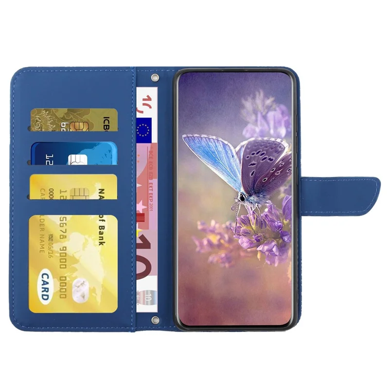 For iPhone 14 Plus 6.7 inch Imprinting Butterfly Flowers PU Leather Case with Shoulder Strap, Wallet Stand Phone Shell - Blue