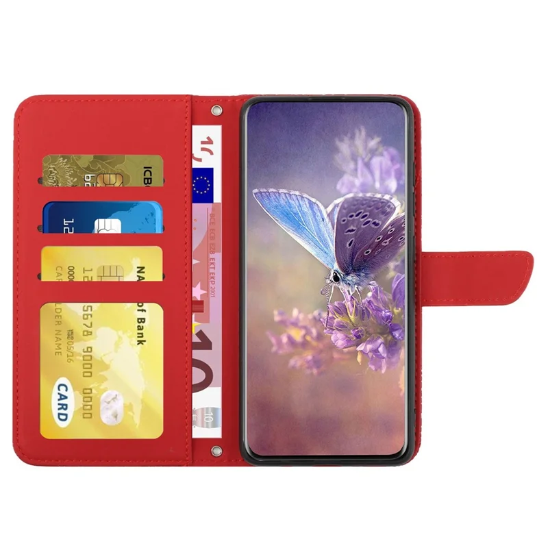 Imprinting Butterfly Flowers Case for iPhone 14 6.1 inch, Adjustable Stand PU Leather Wallet Phone Shell with Shoulder Strap - Red