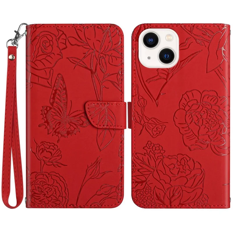Per iPhone 14 da 6,1 pollici Imprinting Butterfly Flowers Skin-touch Phone Case PU Leather Stand Wallet Shell con Handy Strap - Rosso