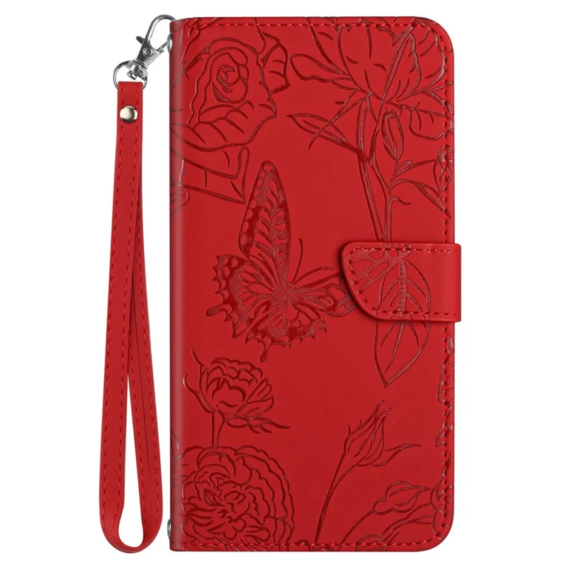 Per iPhone 14 da 6,1 pollici Imprinting Butterfly Flowers Skin-touch Phone Case PU Leather Stand Wallet Shell con Handy Strap - Rosso
