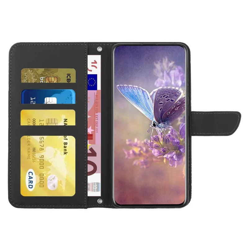 For iPhone 14 Pro 6.1 inch Butterfly Flowers Imprinted Stand Leather Case Wallet Phone Cover with Handy Strap - Black