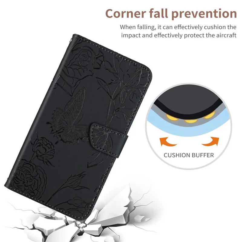 For iPhone 14 Pro 6.1 inch Butterfly Flowers Imprinted Stand Leather Case Wallet Phone Cover with Handy Strap - Black