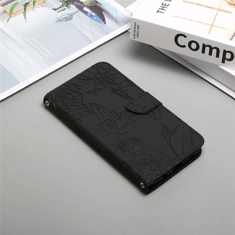 For iPhone 14 Pro 6.1 inch Butterfly Flowers Imprinted Stand Leather Case Wallet Phone Cover with Handy Strap - Black