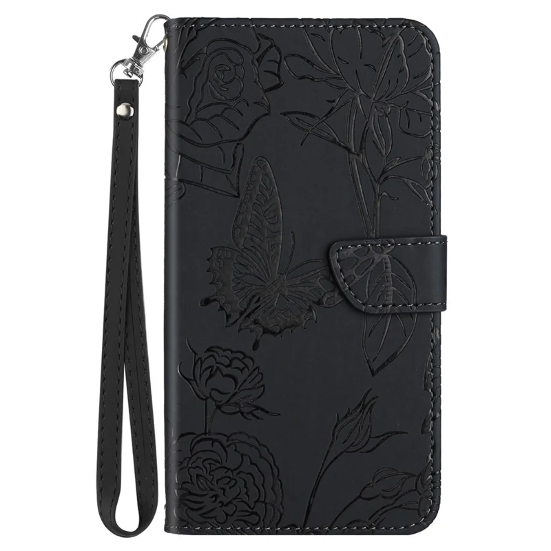 For iPhone 14 Pro 6.1 inch Butterfly Flowers Imprinted Stand Leather Case Wallet Phone Cover with Handy Strap - Black