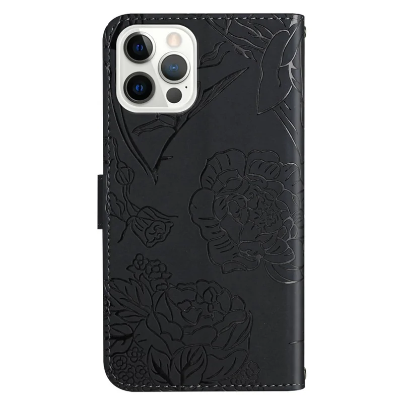 Butterfly Flowers Imprinted Leather Case für iPhone 14 Pro Max 6,7 Zoll, Stand Wallet Anti-drop Protection Phone Cover mit praktischem Trageriemen - Schwarz